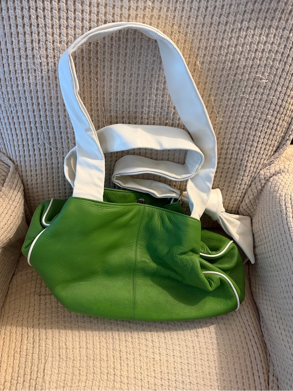 Green and White Soft Leather Shoulder Bag - Contemporary Style